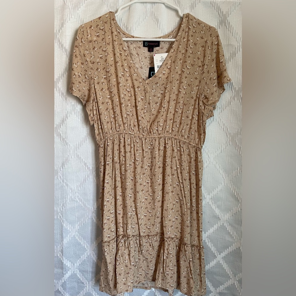 B Famous Dress, Babydoll, Womans, Brown w/Flowers, Xlarge